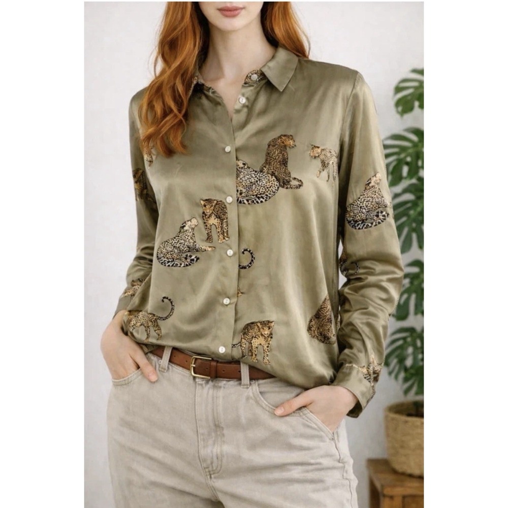 ZARA Long Khaki‎ satin Blouse with Leopard print Animal Print Size XL